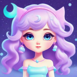 A character named Luna with pastel colors of pink, lilac, and turquoise