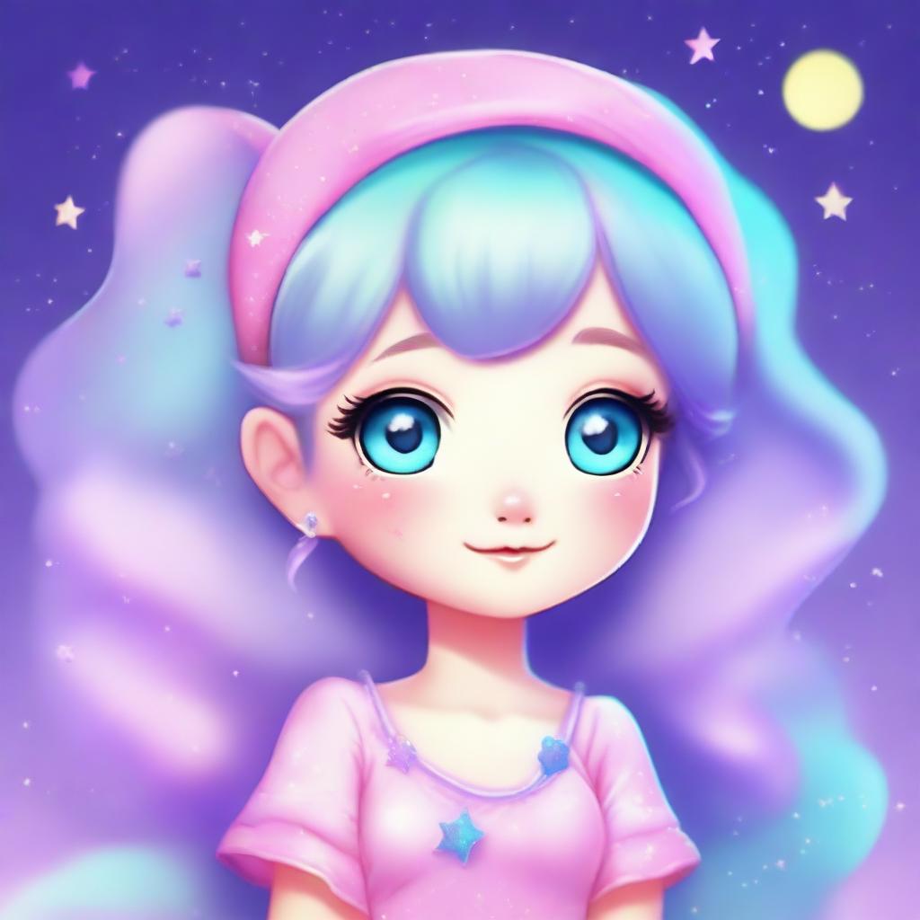 A character named Luna with pastel colors of pink, lilac, and turquoise