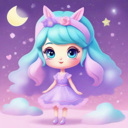 A character named Luna with pastel colors of pink, lilac, and turquoise