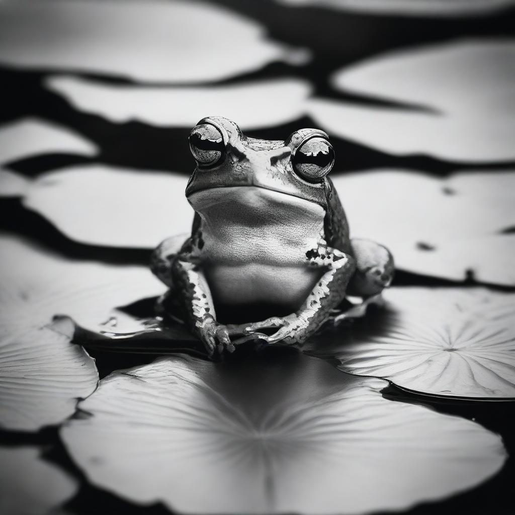 A black and white picture of a cool looking frog, sitting on a lily pad in a pond