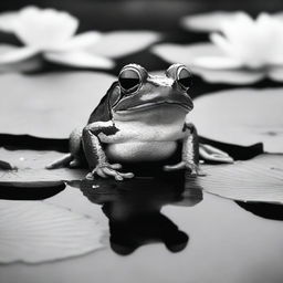 A black and white picture of a cool looking frog, sitting on a lily pad in a pond