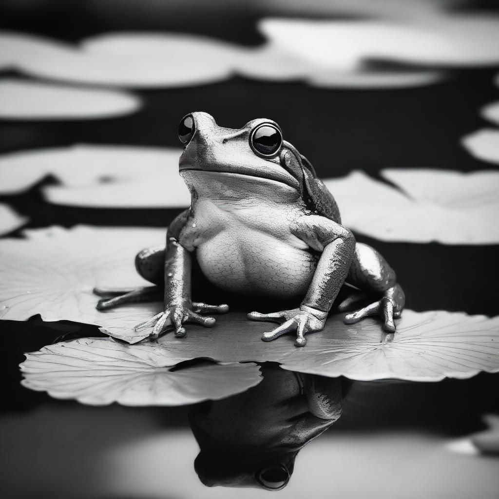 A black and white picture of a cool looking frog, sitting on a lily pad in a pond