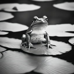 A black and white picture of a cool looking frog, sitting on a lily pad in a pond