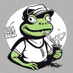 A black and white comic style frog smoking a joint, designed as a t-shirt graphic