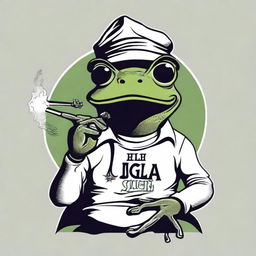 A black and white comic style frog smoking a joint, designed as a t-shirt graphic