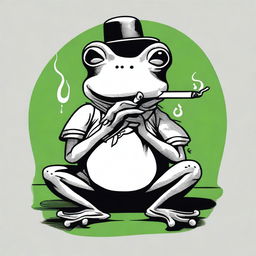 A black and white comic style frog smoking a joint, designed as a t-shirt graphic