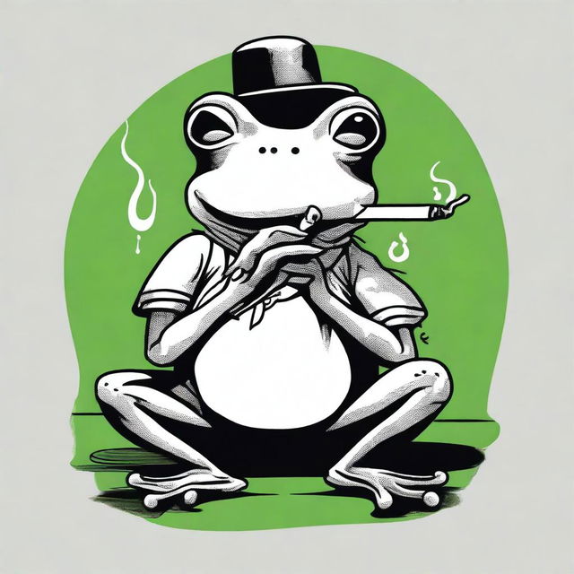 A black and white comic style frog smoking a joint, designed as a t-shirt graphic