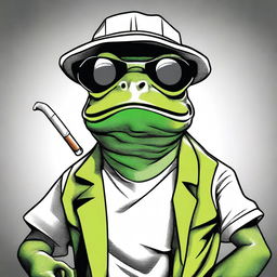 A cool looking comic style frog wearing a cap and sunglasses, smoking a joint