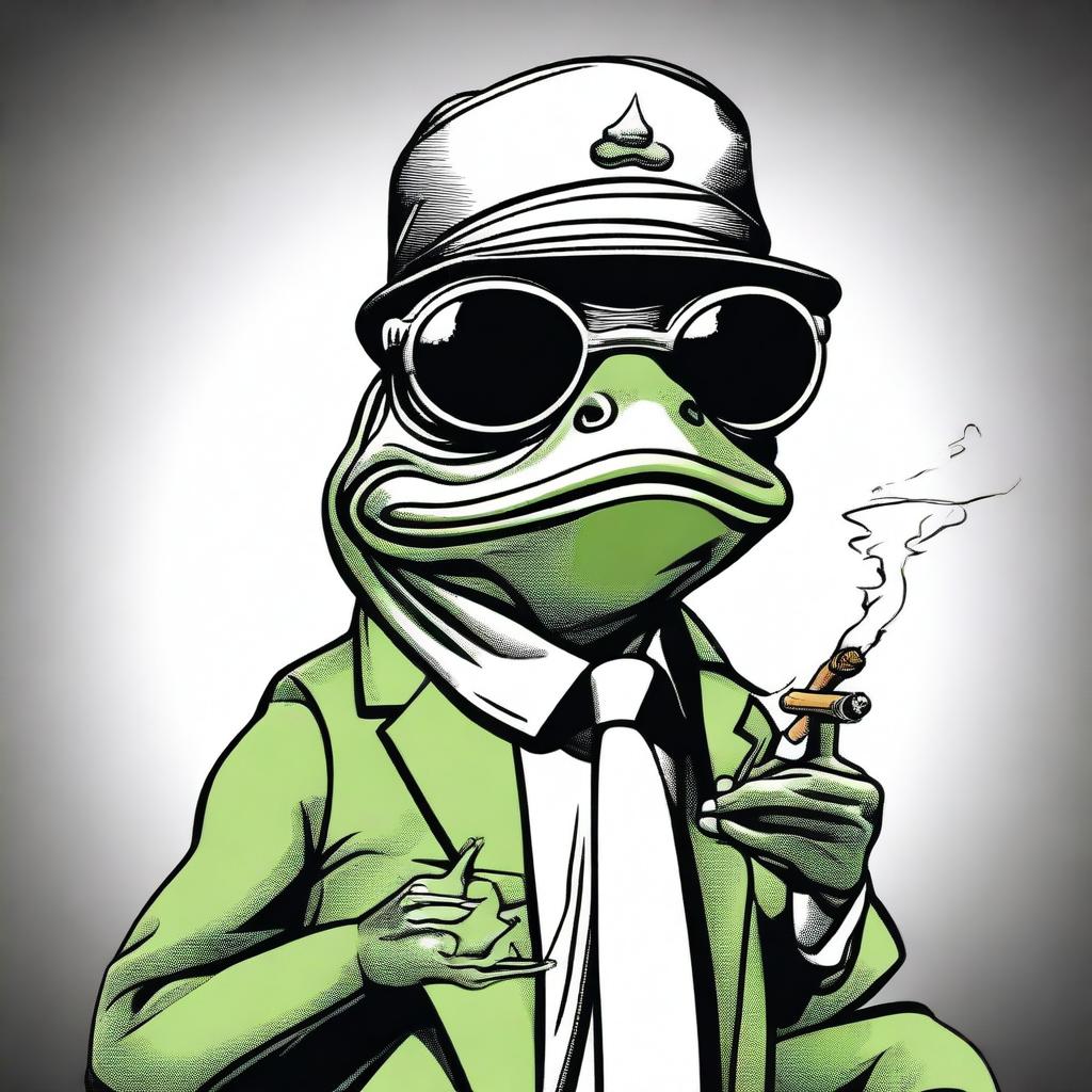 A cool looking comic style frog wearing a cap and sunglasses, smoking a joint