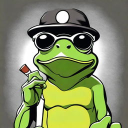 A cool looking comic style frog wearing a cap and sunglasses, smoking a joint