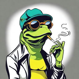 A cool looking comic style frog wearing a cap and sunglasses, smoking a joint