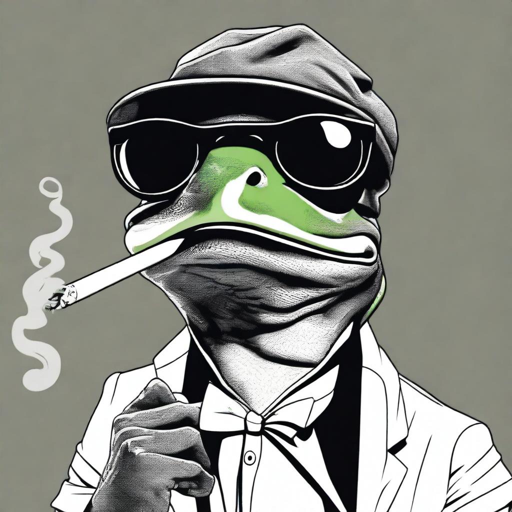 A black and white image of a cool looking comic style frog wearing a cap and sunglasses, smoking a joint