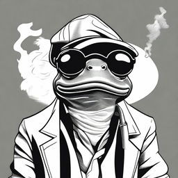 A black and white image of a cool looking comic style frog wearing a cap and sunglasses, smoking a joint