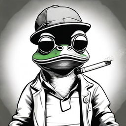 A black and white image of a cool looking comic style frog wearing a cap and sunglasses, smoking a joint