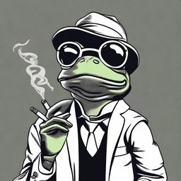 A black and white image of a cool looking comic style frog wearing a cap and sunglasses, smoking a joint