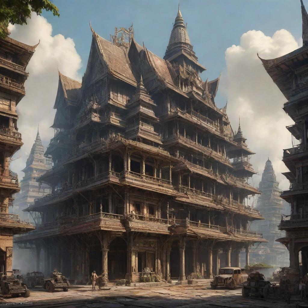 A depiction of Thailand transformed into a dieselpunk setting, integrating elements of traditional Thai architecture and culture with industrial, futuristic dieselpunk technology and constructs.