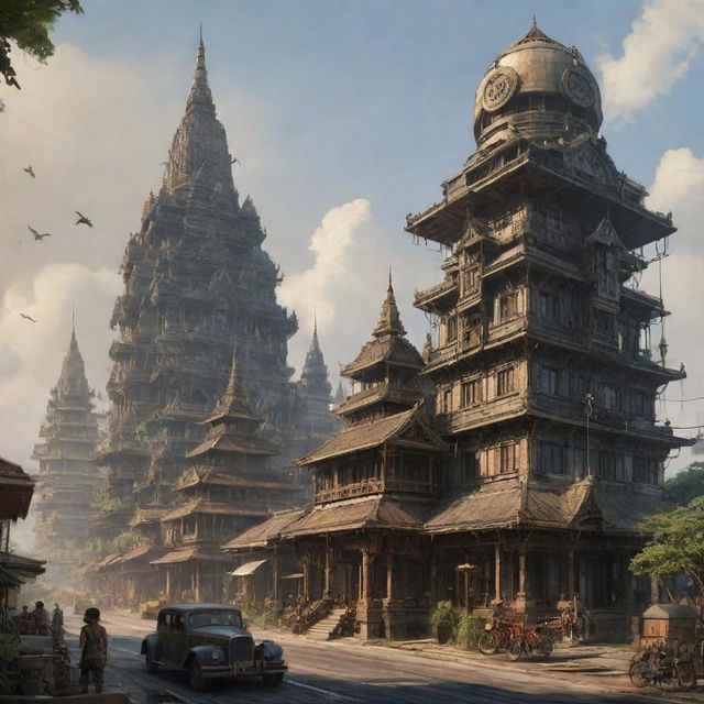 A depiction of Thailand transformed into a dieselpunk setting, integrating elements of traditional Thai architecture and culture with industrial, futuristic dieselpunk technology and constructs.