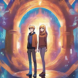 A dynamic image featuring a blonde teen girl and a brown-haired teen boy standing before a shimmering portal, surrounded by swirling energy and mysterious symbols