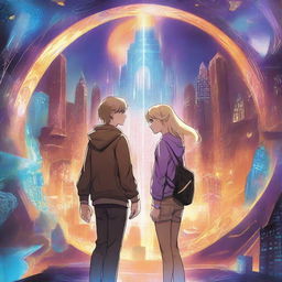 A dynamic image featuring a blonde teen girl and a brown-haired teen boy standing before a shimmering portal, surrounded by swirling energy and mysterious symbols