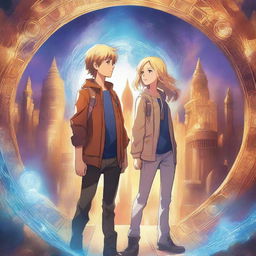 A dynamic image featuring a blonde teen girl and a brown-haired teen boy standing before a shimmering portal, surrounded by swirling energy and mysterious symbols