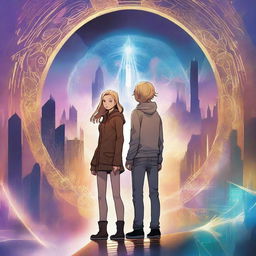 A dynamic image featuring a blonde teen girl and a brown-haired teen boy standing before a shimmering portal, surrounded by swirling energy and mysterious symbols