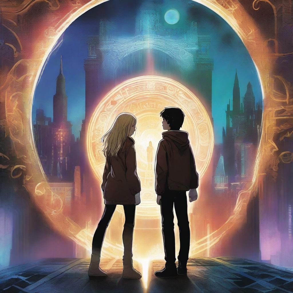 A dark dynamic image featuring a blonde teen girl and a brown-haired teen boy standing before a shimmering portal, surrounded by swirling energy and mysterious symbols