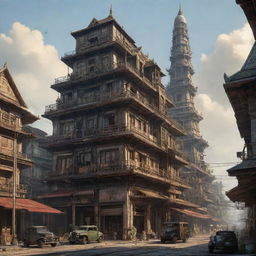 A depiction of Thailand transformed into a dieselpunk setting, integrating elements of traditional Thai architecture and culture with industrial, futuristic dieselpunk technology and constructs.