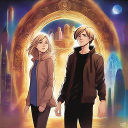 A dark dynamic image featuring a blonde teen girl and a brown-haired teen boy standing before a shimmering portal, surrounded by swirling energy and mysterious symbols