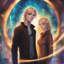 A dark dynamic image featuring a blonde teen girl and a brown-haired teen boy standing before a shimmering portal, surrounded by swirling energy and mysterious symbols