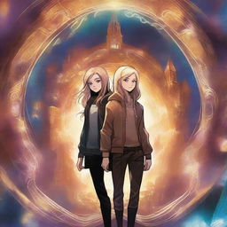 A dark dynamic image featuring a blonde teen girl and a brown-haired teen boy standing before a shimmering portal, surrounded by swirling energy and mysterious symbols