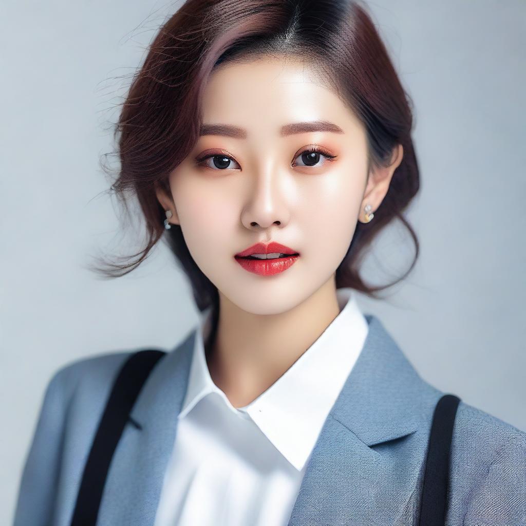 A young Korean girl with a stylish and modern look, dressed in fashionable clothing