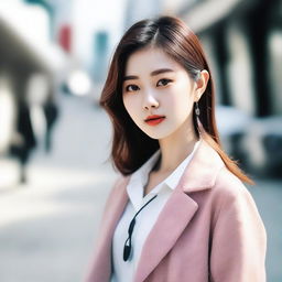 A young Korean girl with a stylish and modern look, dressed in fashionable clothing