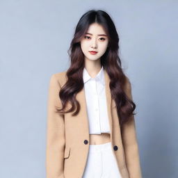 A young Korean girl with a stylish and modern look, dressed in fashionable clothing