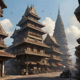 A depiction of Thailand transformed into a dieselpunk setting, integrating elements of traditional Thai architecture and culture with industrial, futuristic dieselpunk technology and constructs.