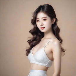 A young Korean girl with perfect soft skin, detailed facial features, and a slim waist