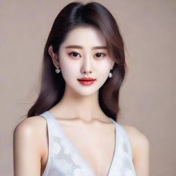 A young Korean girl with perfect soft skin, detailed facial features, and a slim waist