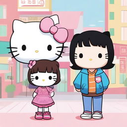 A Hello Kitty character standing next to a man with brown hair and a woman with black hair and bangs