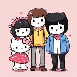 A Hello Kitty character standing next to a man with brown hair and a woman with black hair and bangs