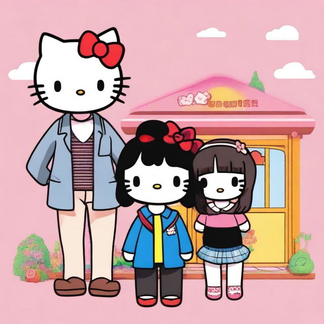 A Hello Kitty character standing next to a man with brown hair and a woman with black hair and bangs