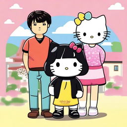 A Hello Kitty character standing next to a man with brown hair and a woman with black hair and bangs