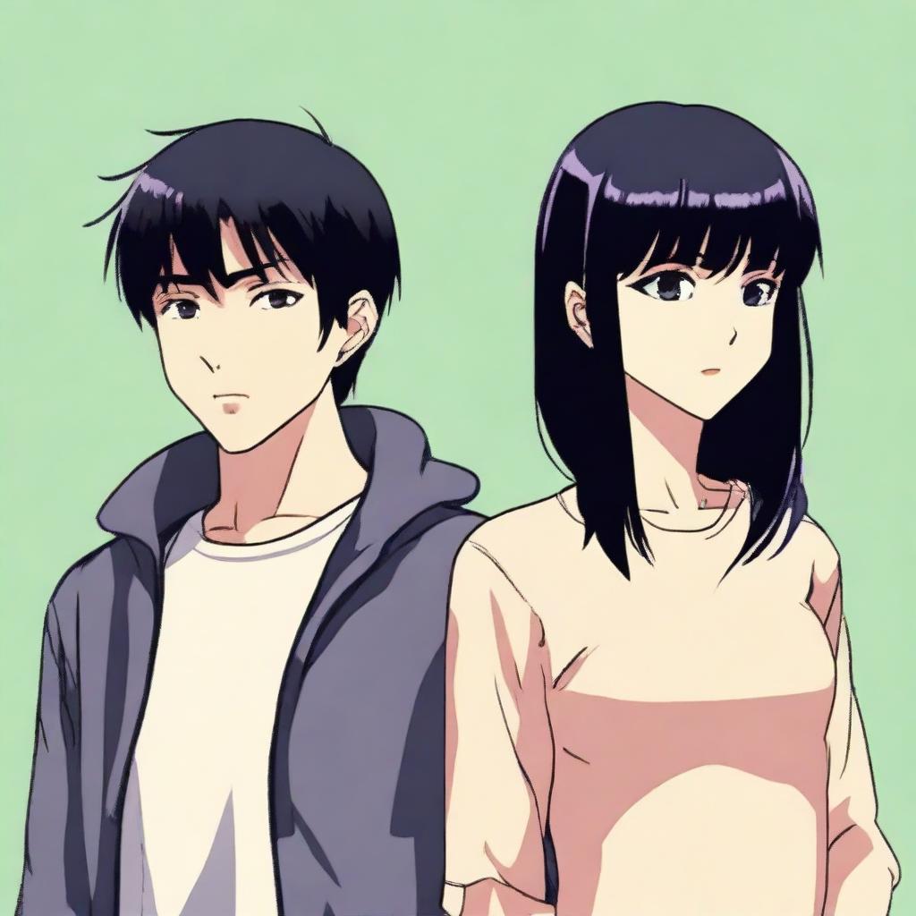 A man with short black hair standing next to a woman with straight black hair and bangs