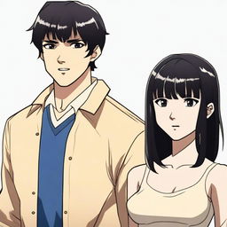 A man with short black hair standing next to a woman with straight black hair and bangs