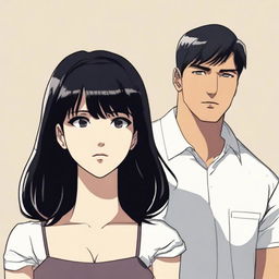 A man with short black hair standing next to a woman with straight black hair and bangs