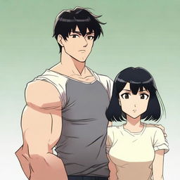 A man with short black hair standing next to a woman with straight black hair and bangs