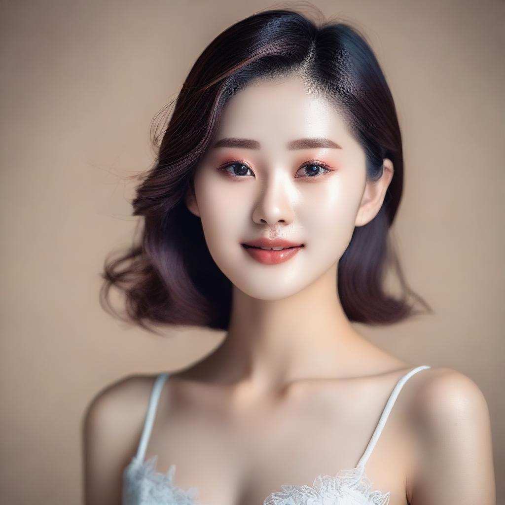 A young Korean girl with perfect soft skin and detailed facial features