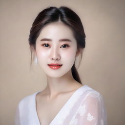 A young Korean girl with perfect soft skin and detailed facial features