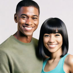 A man with short black hair and a woman with straight hair and bangs, both standing together