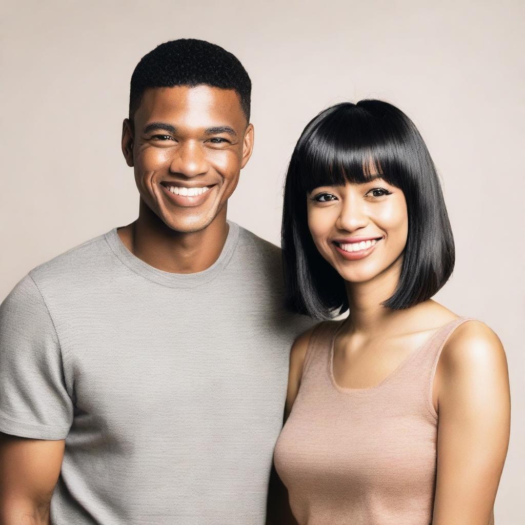 A man with short black hair and a woman with straight hair and bangs, both standing together