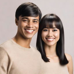 A man with short black hair and a woman with straight hair and bangs, both standing together