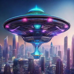 A highly detailed image of an alien spaceship hovering above a futuristic cityscape